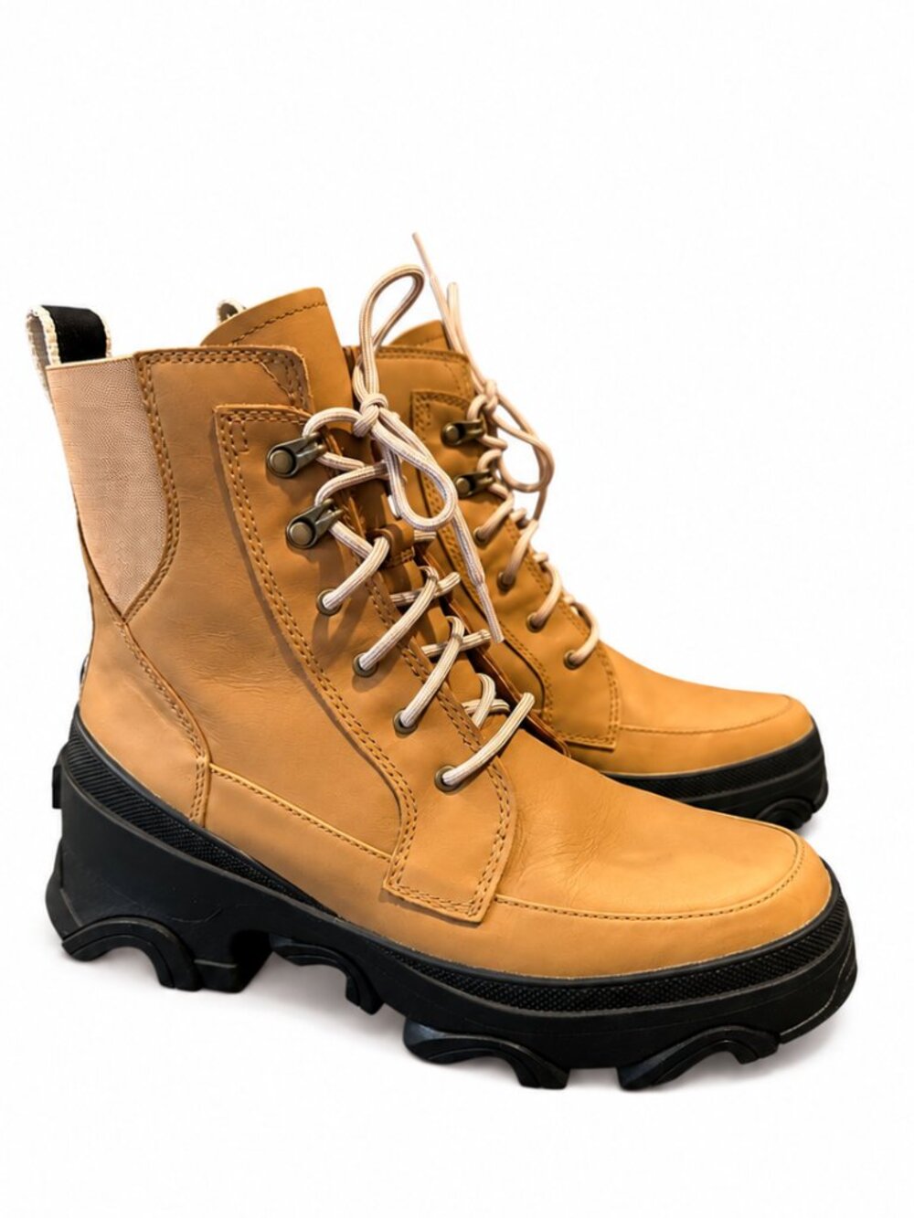 Sorel Brex Lace-Up Platform Boots Women’s 8 Tan Leather Chunky Lug Sole EUC